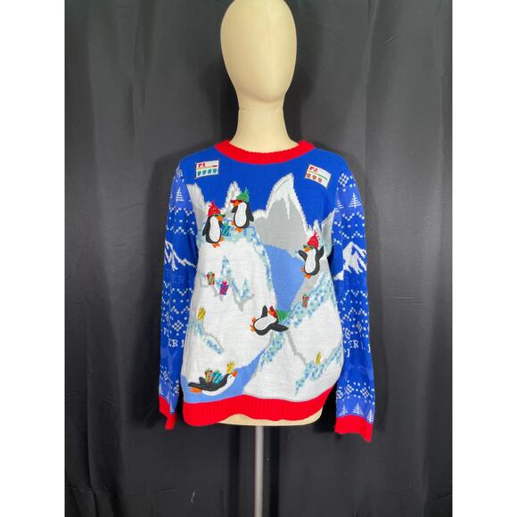 Ugly Christmas Sweater, Holiday Time, Husky XL 14-16, Partying Penguins - Picture 1 of 7